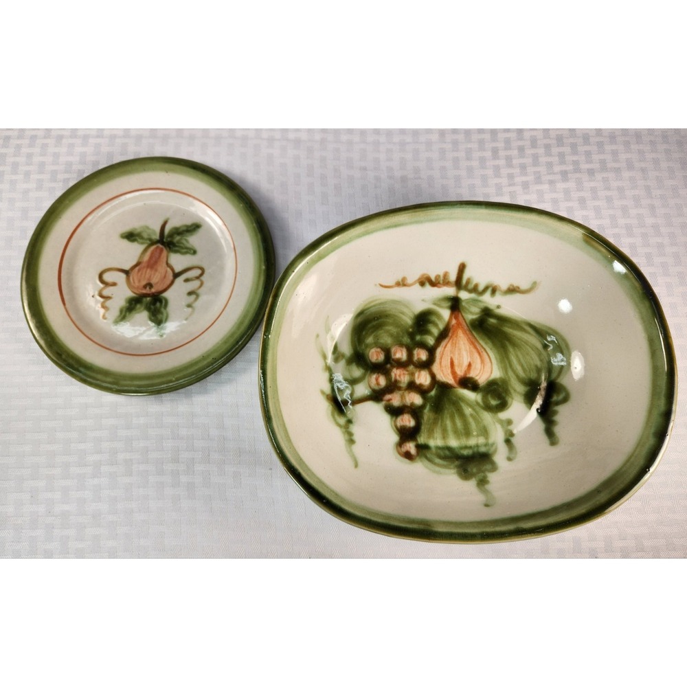 Vtg Harvest Oval Stoneware John B Taylor Hand Painted Serving Bowl + Salad Plate